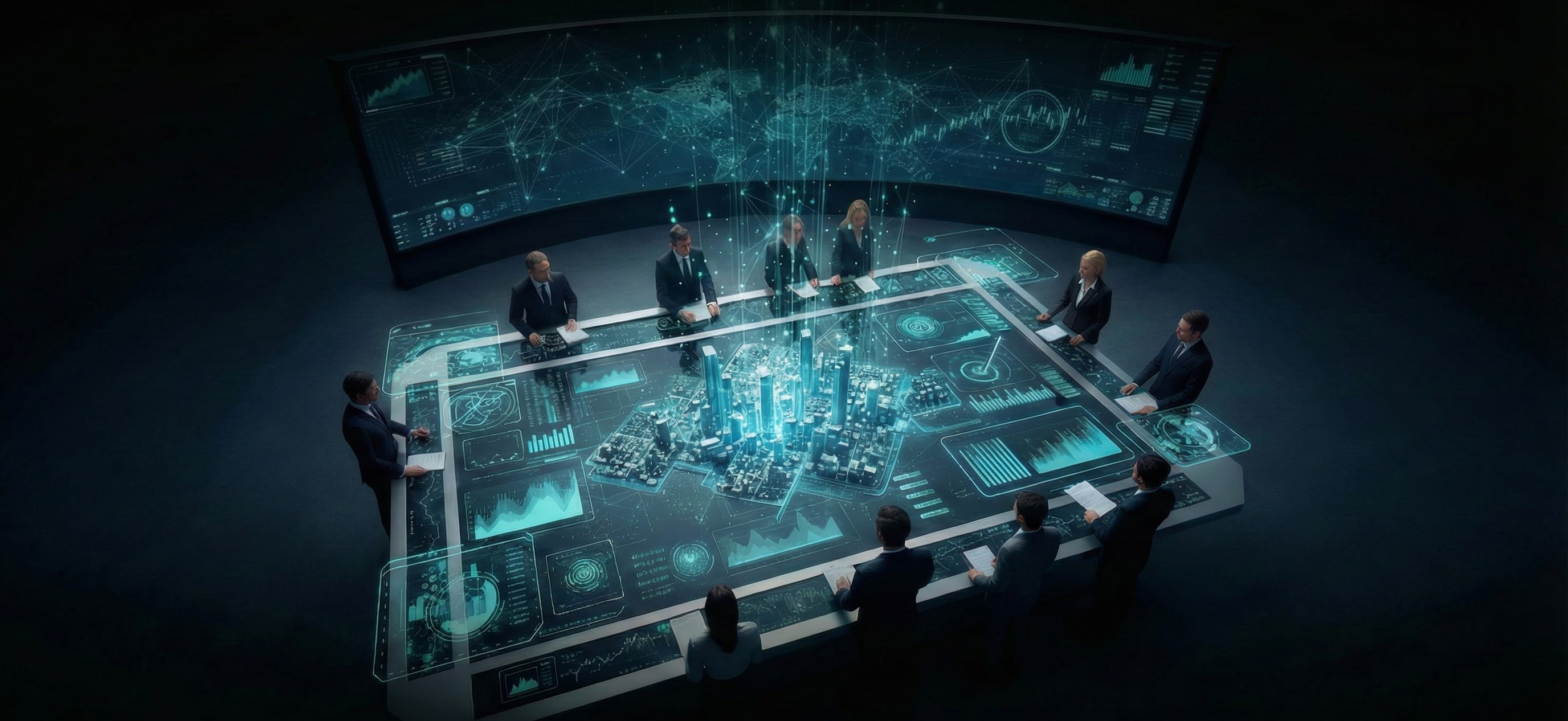 Leaders gathered around a decision cockpit in the AILEDRA console